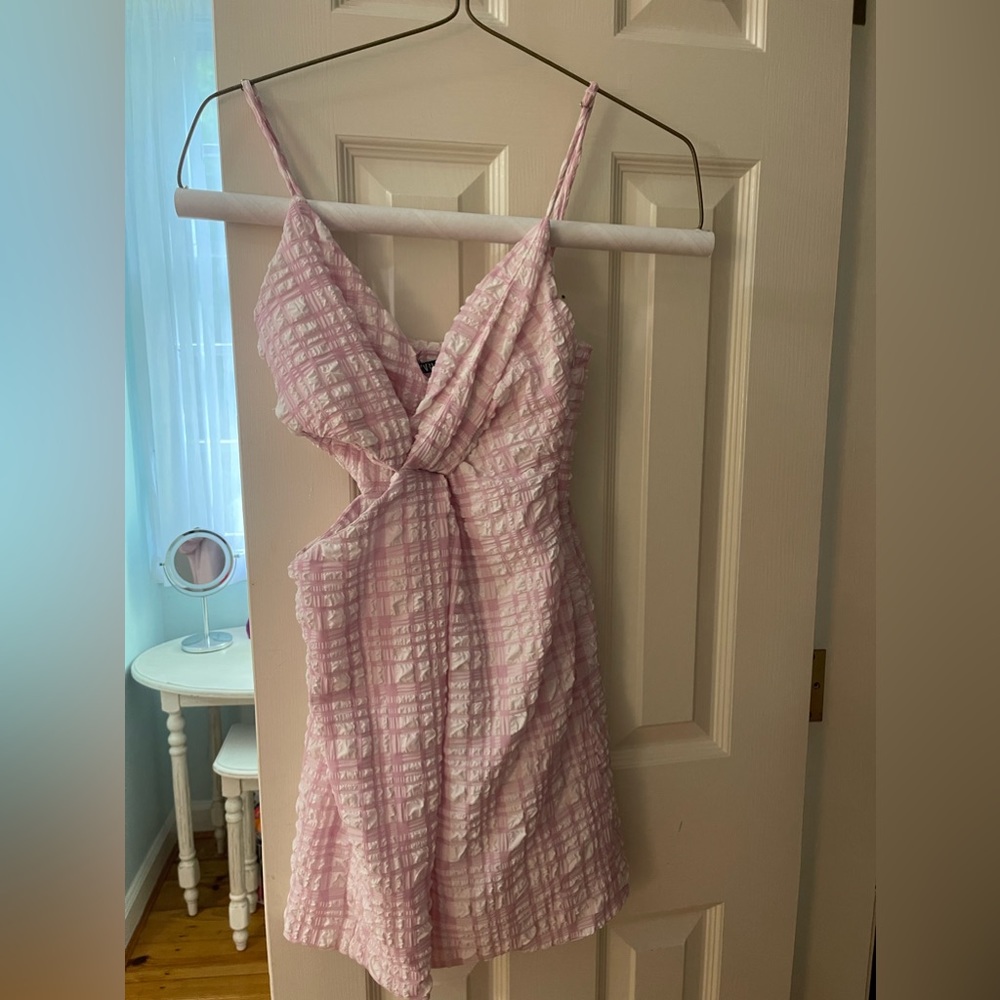 Zara Pink Gingham Mini Dress With Cutout Gem
